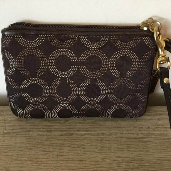 Coach Madison Brown Satin Fabric Wristlet Leather Trim Horse & Carriage Emblem - Picture 2 of 8